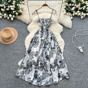 Women's long floral dress with thin straps, sleeveless, elastic, ruched with high-quality print
