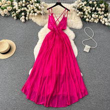 High Quality Solid Deep V Neck Sling Cross Ruffles Backless Pleated Maxi Dress