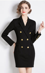 High Quality Black Long Sleeve Double Breasted Midi Elegant Dress