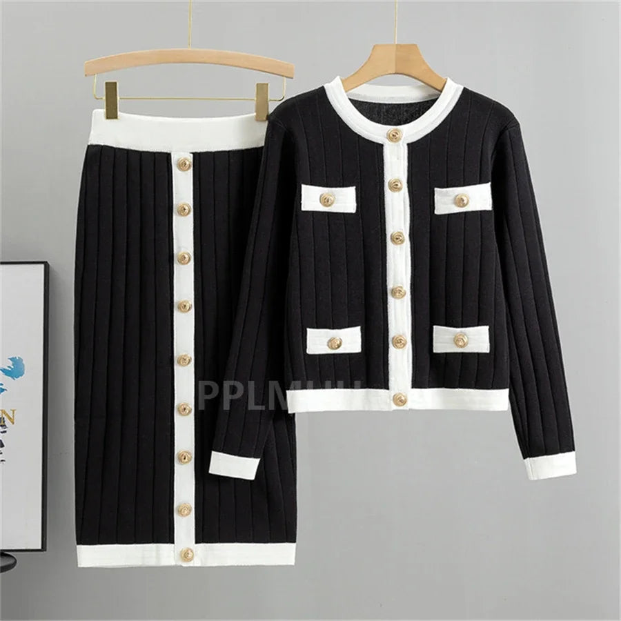 Round Neck Slim Short Sweater Skirts Set+Vintage Knitted Skirts