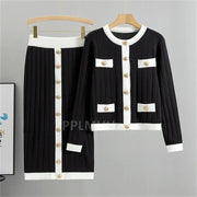 Round Neck Slim Short Sweater Skirts Set+Vintage Knitted Skirts