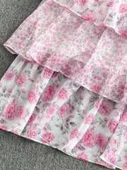 High Quality Short Sleeve Gorgeous Pink Flowers Cascading Ruffles Long Dress