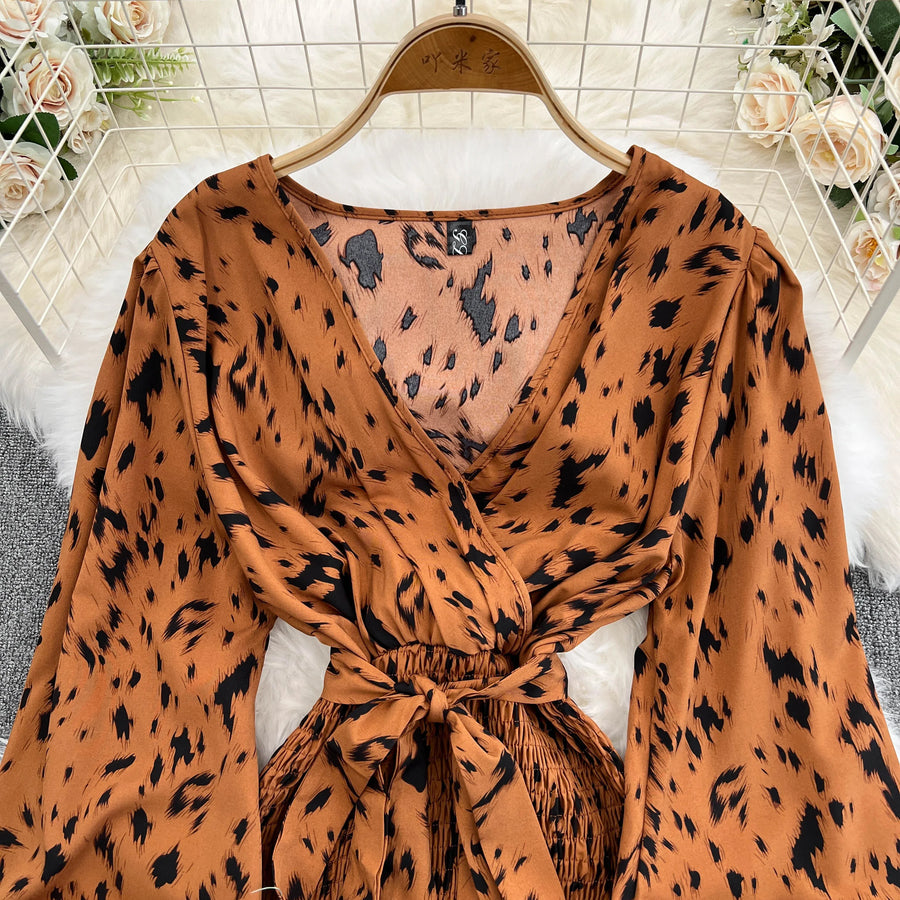 Retro Sweet V Neck Slim Lace -up Print Autumn Summer Elegant Elastic Dress A-line Long Sleeve Vacation Women Mermaid Dresses