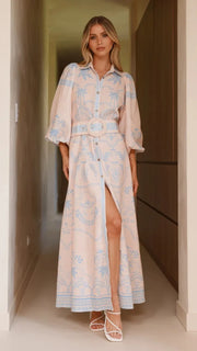 Women Shirt Collar Vintage Floral Print Puff Sleeve Single Breasted Spring Summer Long A Line Cotton Linen Dress