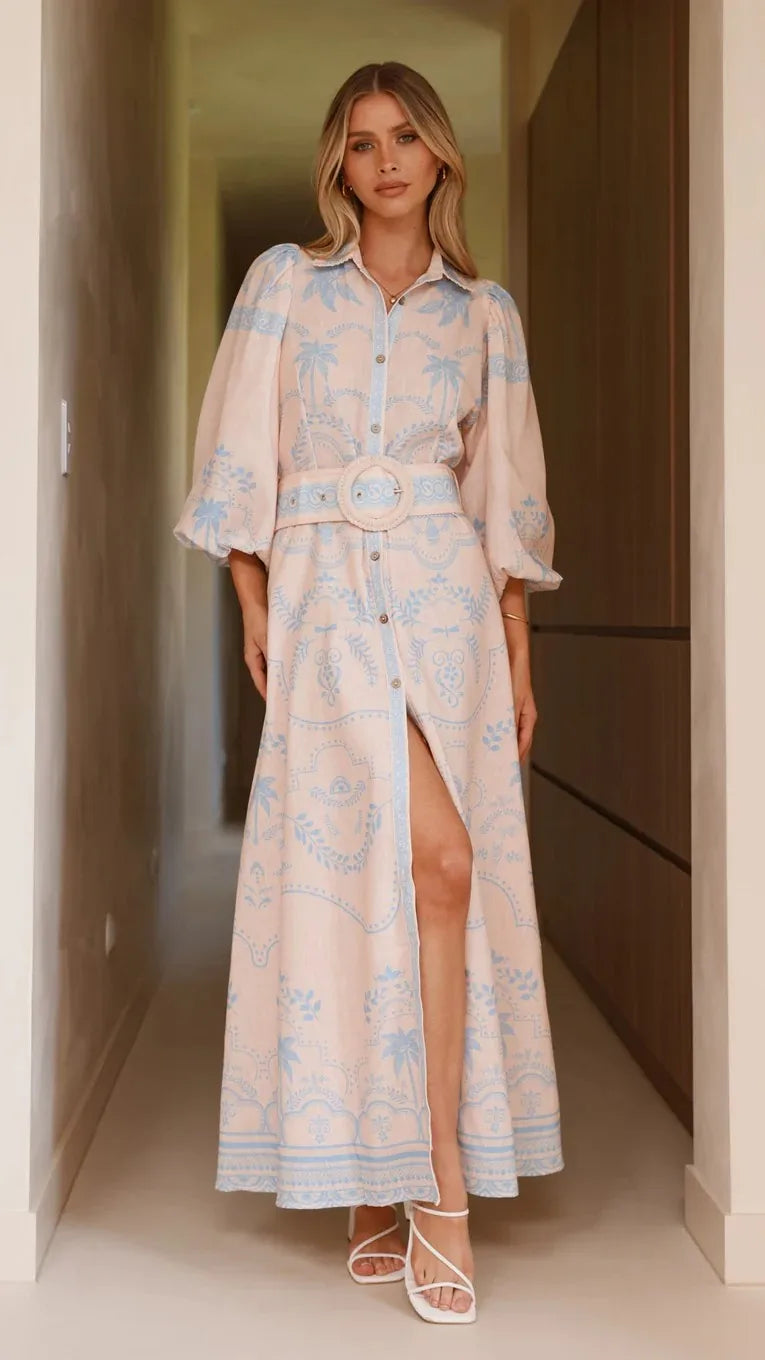 Women Shirt Collar Vintage Floral Print Puff Sleeve Single Breasted Spring Summer Long A Line Cotton Linen Dress