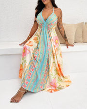 Summer Women Spring Floral Print Halter Sleeveless Maxi Dress Hollow Out Flowy A Line Vacation Dress
