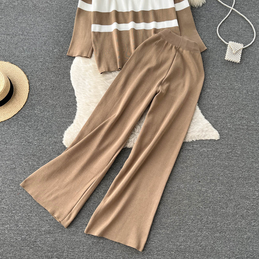 High Quality Striped Zipper Long Sleeve+Wide Leg Pant Two Piece Set