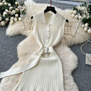 SINGREINY 1950s Ribbed Knit Dress Sleeveless Lapel Belt French Ins Chic Spring Summer Celebrity Style Feminine A-line Long Dress