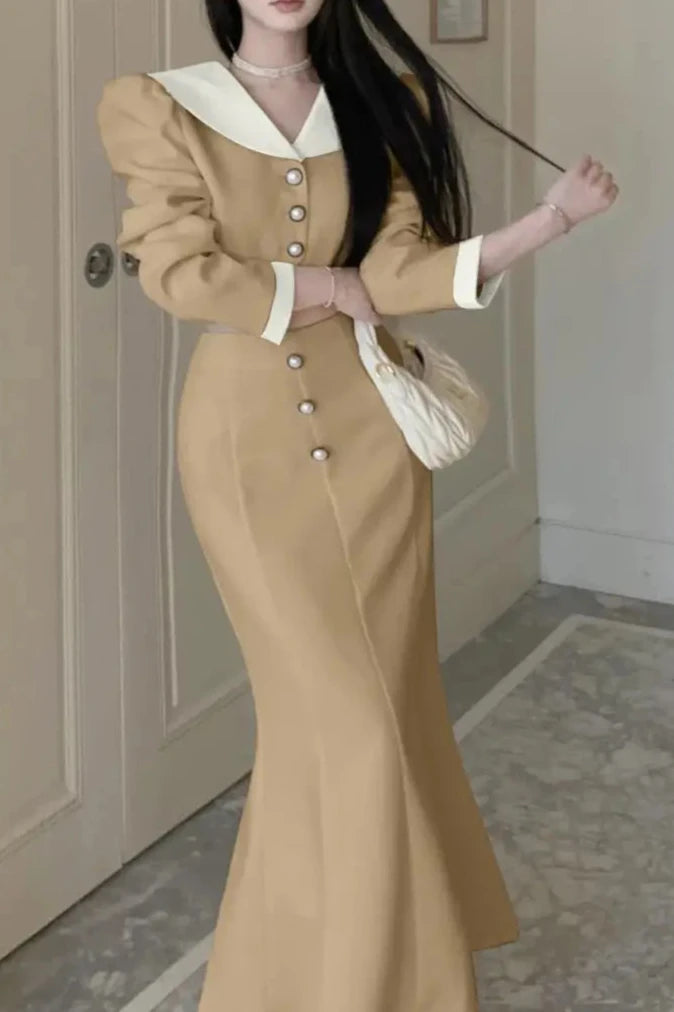 Elegant Two Piece Set Long Sleeve Short Coat + High Waist Mermaid Skirt High Quality