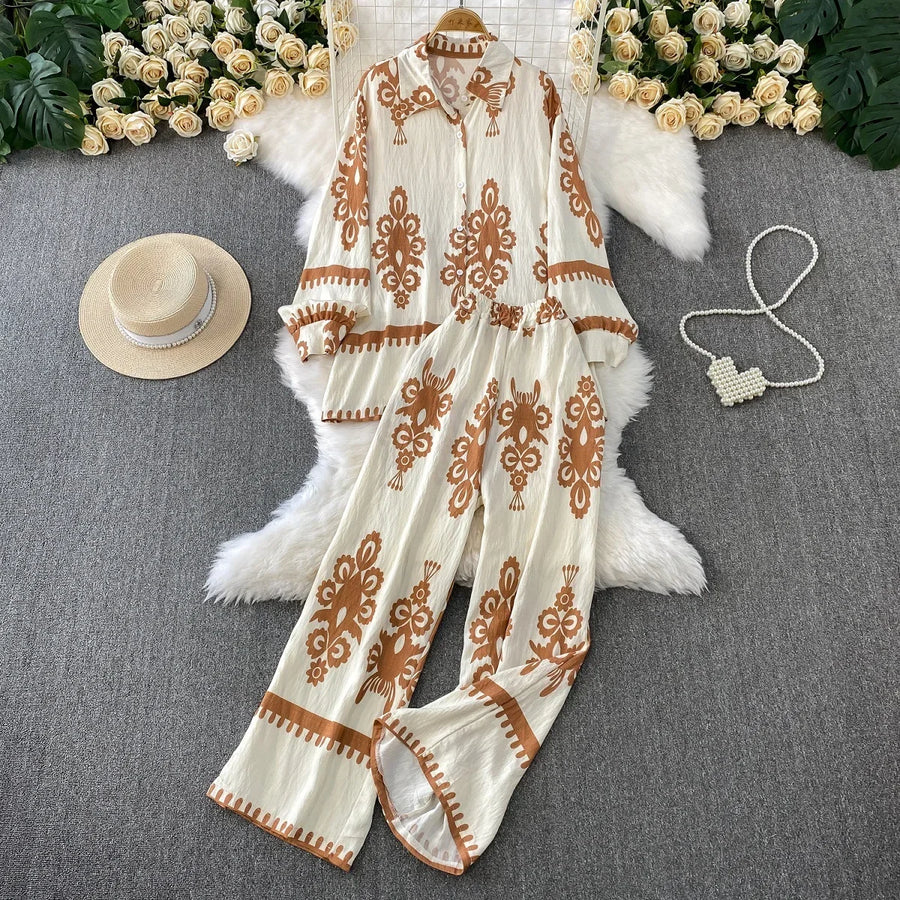Women Two Piece Skirt Sets Shirt Muslim Suits Shirt Tops Full Sleeve Solid Wide Leg Pant Long Elegant Elastic Waist Summer 2025