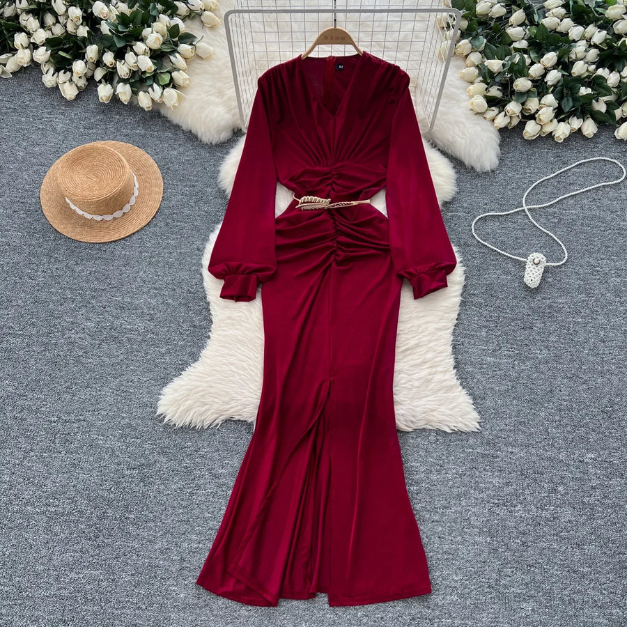 Elegant Pleated Vintage V-neck Chic Long Sleeve Slim Split Dress Korean Fashion Evening Party High Street Autumn Winter Clothing