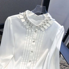 High Quality Diamond Beaded Ruffles Long Sleeve Loose White Shirt