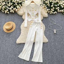 Two Piece Sets Elegant Long Sleeve Button Top + Elastic Long Pants