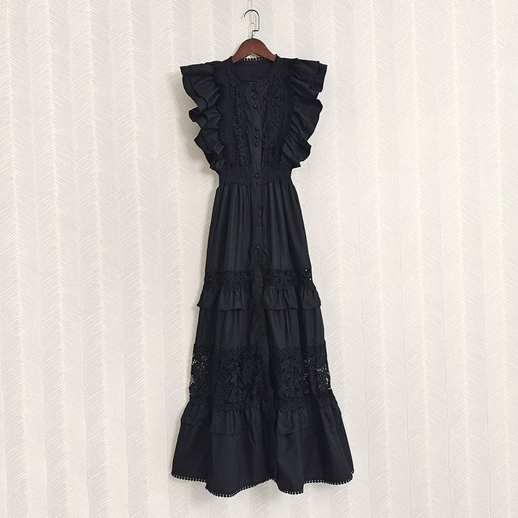 Blue Black White Butterfly Sleeve Long Dress with High Quality Lace