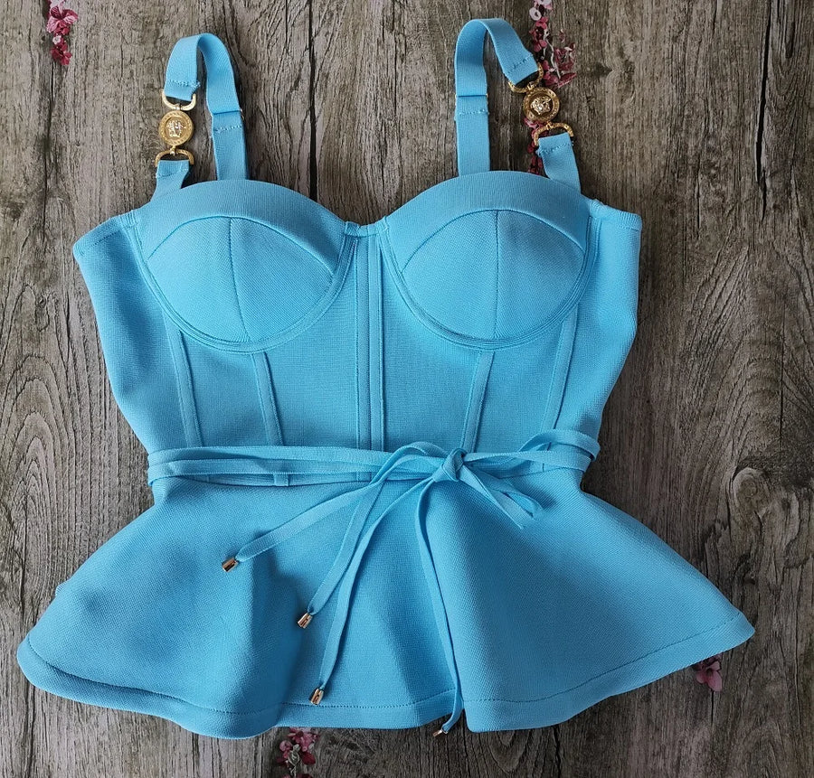 Luxury Ruffle Blue Bandage Sets with High Waist Skinny Pants