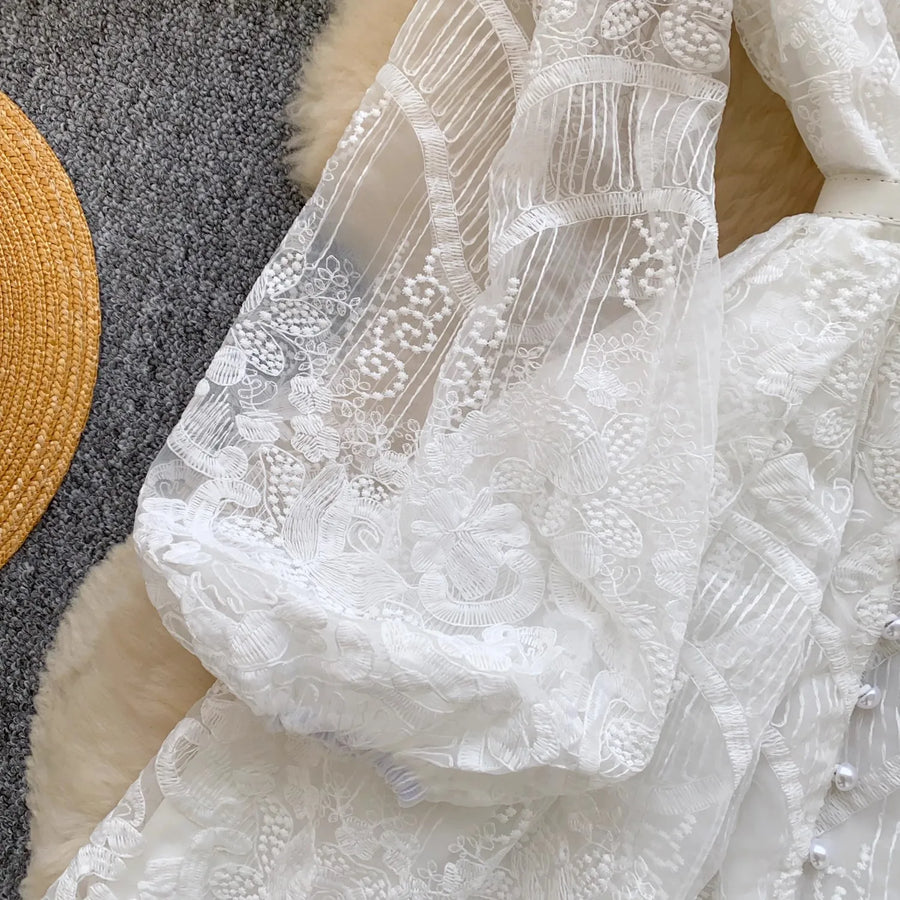 Luxury French White lace dress mesh stitching, pearl buttons, high quality belt White / XL Luxury French White lace dress mesh stitching, pearl buttons, high quality belt White / XL