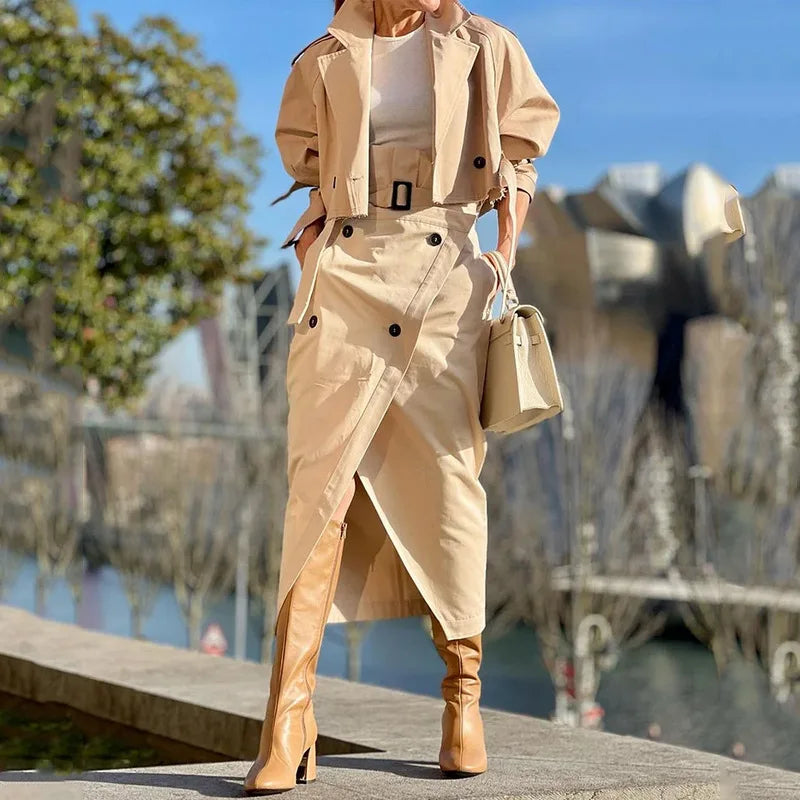 High Quality Long Sleeve Slim Fit Plain Two-Piece Suit+High Waist Split Skirt