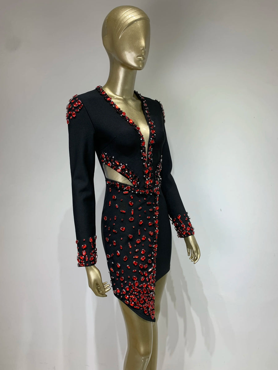 High Quality Elegant V Neck Long Sleeve Sexy Diamond Beading Black Bandage Mini Dress Black / XS High Quality Elegant V Neck Long Sleeve Sexy Diamond Beading Black Bandage Mini Dress Black / XS
