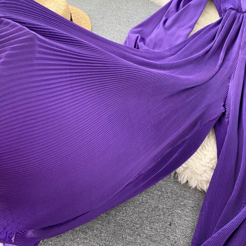 High Quality Lantern Sleeve Stretch Chiffon Wide Leg Deep V Neck Sexy Pleated Long Jumpsuit