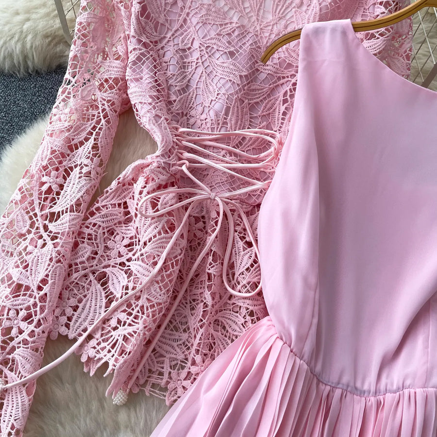 Lace Ruffle Camis Midi Dress Two Pieces Sets V Neck Top  Vintage   Tulle Pleated  Skirt   High Waist A-line Skirt Fall Sets