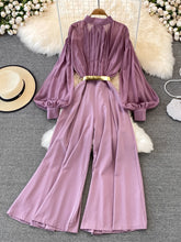 High Quality Wide Leg Lantern Sleeve Stand Collar Pleated Jumpsuit