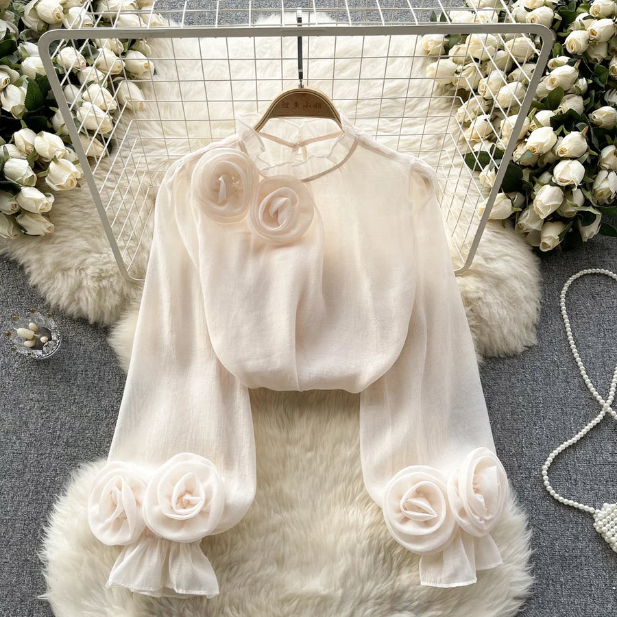 High Quality Loose Fit Fitted Lantern Sleeve Ruffled Chiffon Blouse