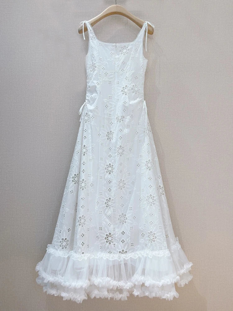 Elegant spaghetti strap openwork lace dress with high quality white lace