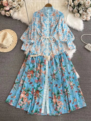 High Neck Long Flare Sleeve Belted High Quality Flower Dress