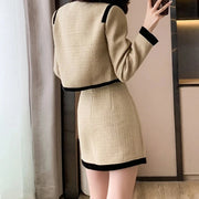 Single Breasted Bow Tweed Short Jacket Coat + Mini Pencil Skirt Two Piece Set High Quality