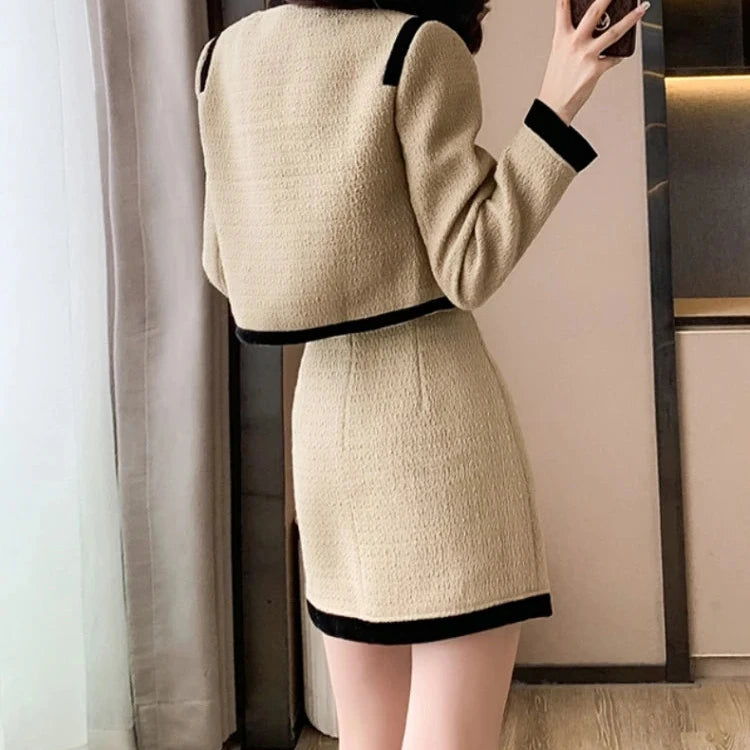 Single Breasted Bow Tweed Short Jacket Coat + Mini Pencil Skirt Two Piece Set High Quality