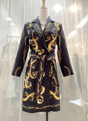 High quality vintage yellow flower print double breasted belt elegant coat.