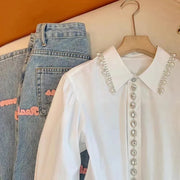 Shirts Women Long Sleeve White Shirts Woman Rhinestones Tops  Camisas De Mujer Women Button Up Shirt