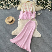 Elegant Knit Patchwork Two Pieces Sets Chic Vintage Cardigan High Waist Mesh Mermaid Skirt Casual Vacation Sets
