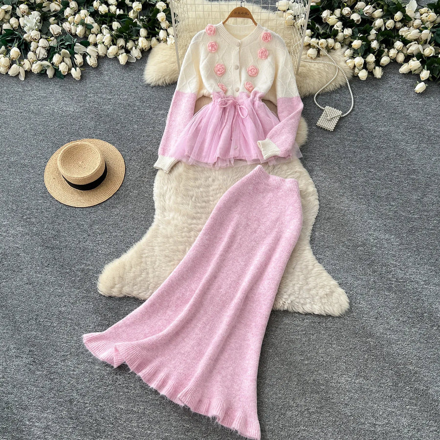 Elegant Knit Patchwork Two Pieces Sets Chic Vintage Cardigan High Waist Mesh Mermaid Skirt Casual Vacation Sets