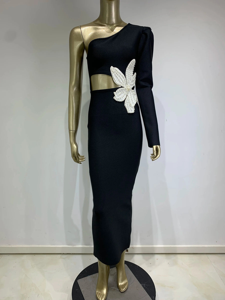 High Quality Flower Beaded Single Sleeve Sexy Midi Bandage Dress Rose Red / Xs High Quality Flower Beaded Single Sleeve Sexy Midi Bandage Dress Rose Red / Xs