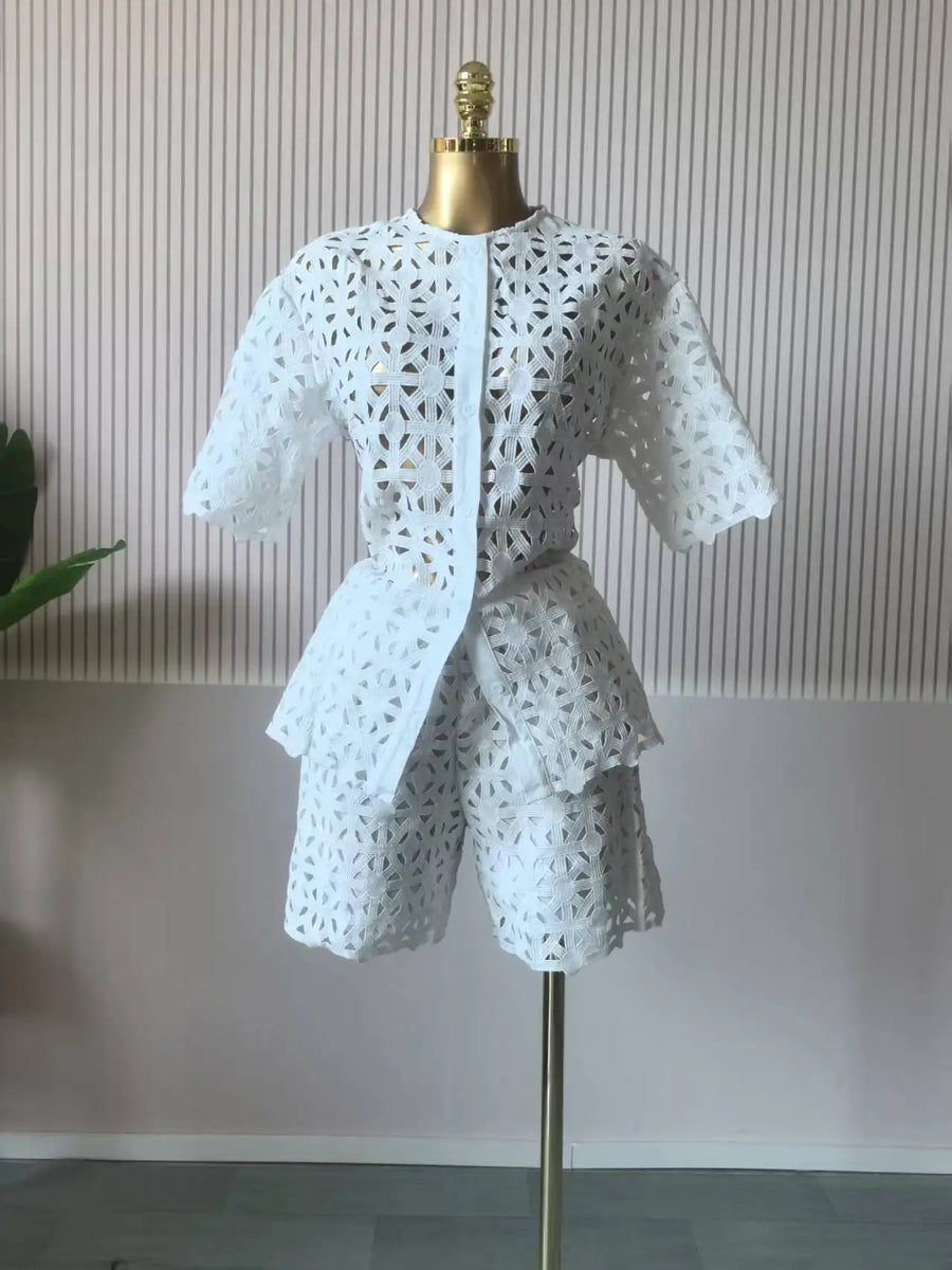 Hollow Out Women's Set Short Sleeve Shirt and Shorts Suit  Summer OL Fashion Two 2 Piece Sets Outfit Tracksuit