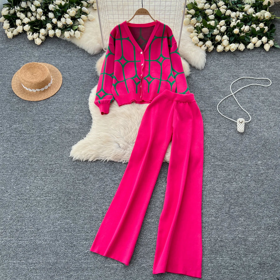 2 Piece Sets Single Breasted Print Cardigan + High Waist Wide Legs Pants