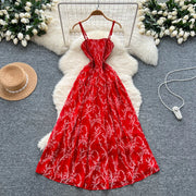 Women's long floral dress with thin straps, sleeveless, elastic, ruched with high-quality print