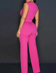 Elegant Jumpsuits Round Neck Sleeveless High Waist Wide Leg Pants with Belt High Quality