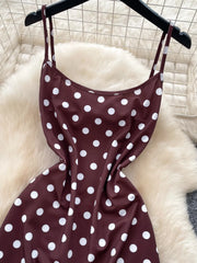 French Fashion Coffee Color Polka Dot Camisole Pure Desire Style Dress Women Summer Sweet High Waist Slim A Line Dress Woman