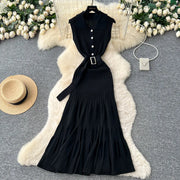 SINGREINY 1950s Ribbed Knit Dress Sleeveless Lapel Belt French Ins Chic Spring Summer Celebrity Style Feminine A-line Long Dress