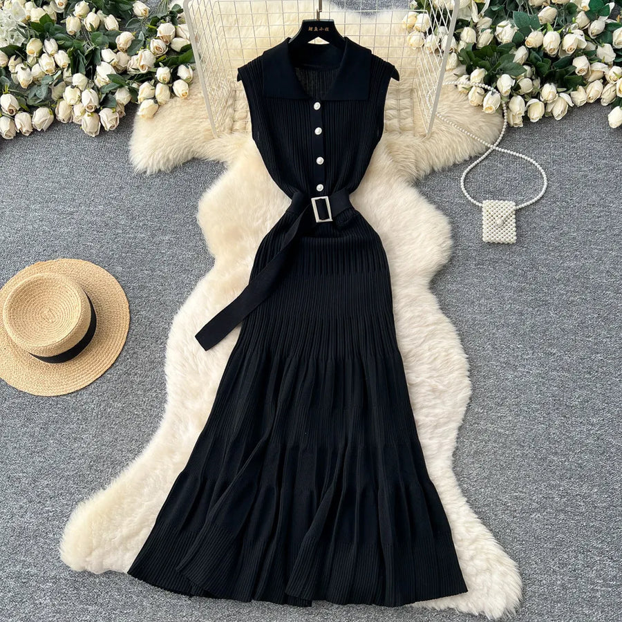 SINGREINY 1950s Ribbed Knit Dress Sleeveless Lapel Belt French Ins Chic Spring Summer Celebrity Style Feminine A-line Long Dress