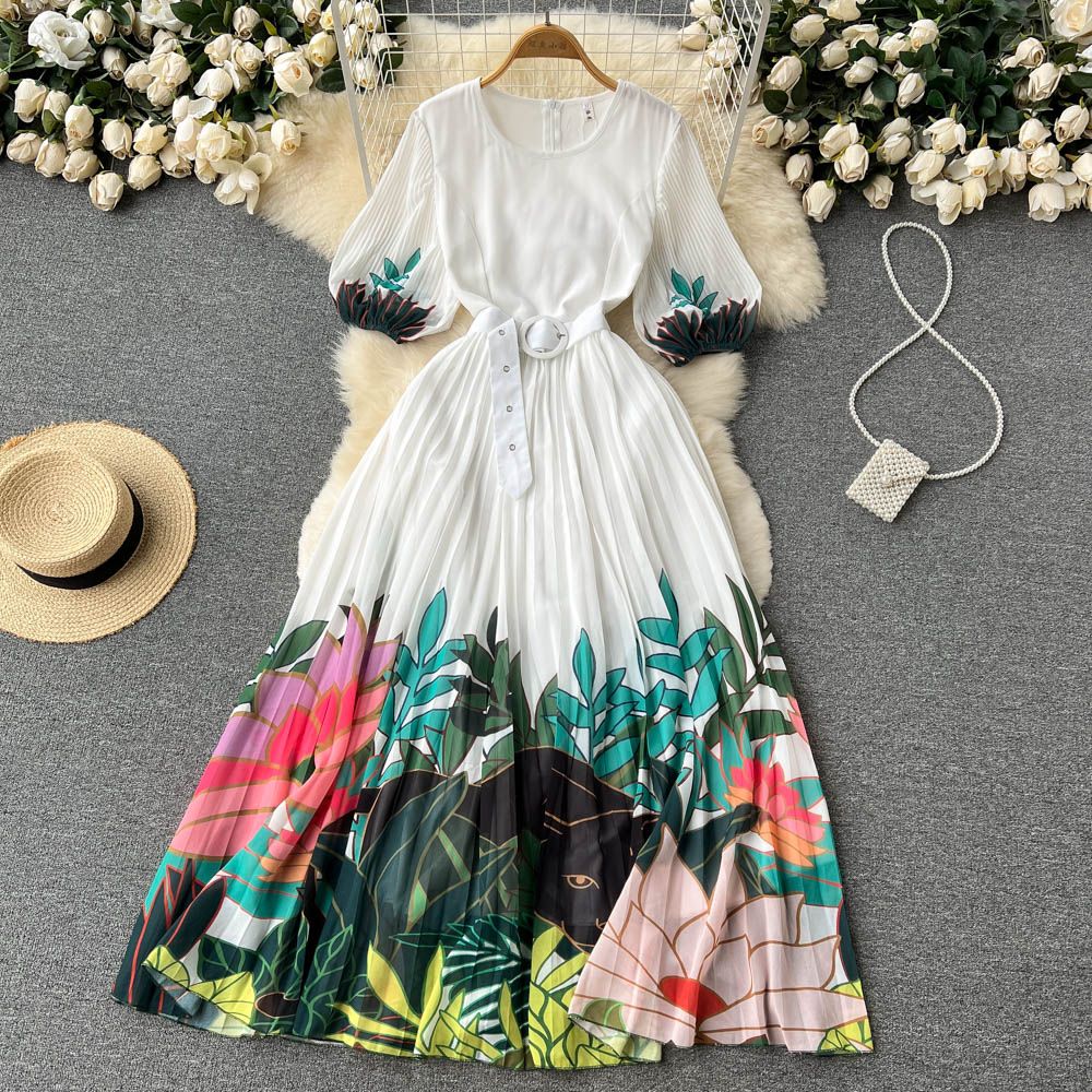 High Quality Round Neck Leaf Floral Print Belted Short Sleeve Pleated Long Dress