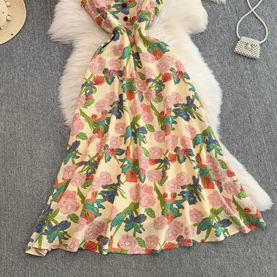 Elegant Vintage Office Long Dress Women Summer V Neck Sleeveless Print Floral Luxury Dress Evening Party Birthday Dresses