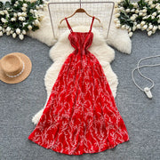 Women's long floral dress with thin straps, sleeveless, elastic, ruched with high-quality print