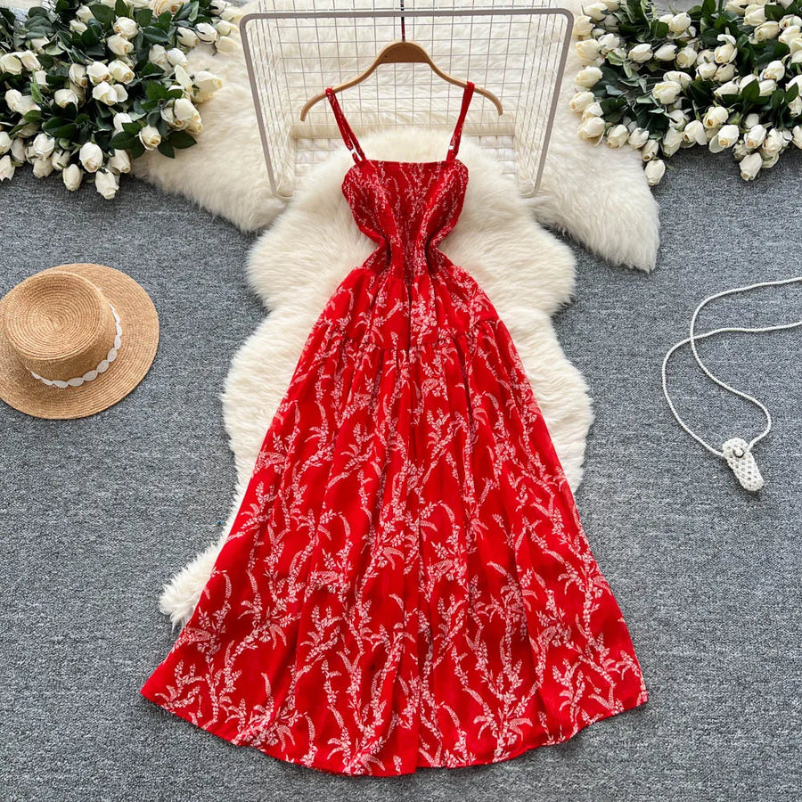 Women's long floral dress with thin straps, sleeveless, elastic, ruched with high-quality print
