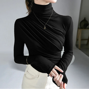 High Quality Solid Color Long Sleeve Pleated Turtleneck Stretch Cotton T-shirt