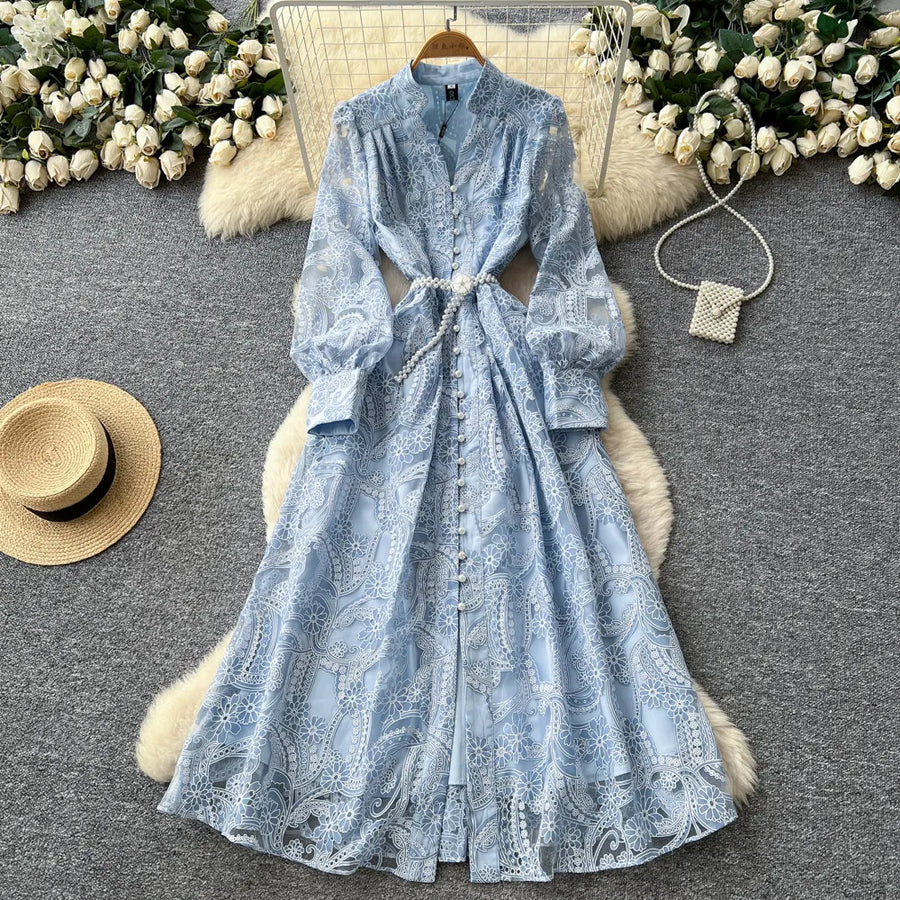 Luxury lightweight dress with mesh embroidery, hollowed-out, long sleeves, narrow waist, high-quality A-line