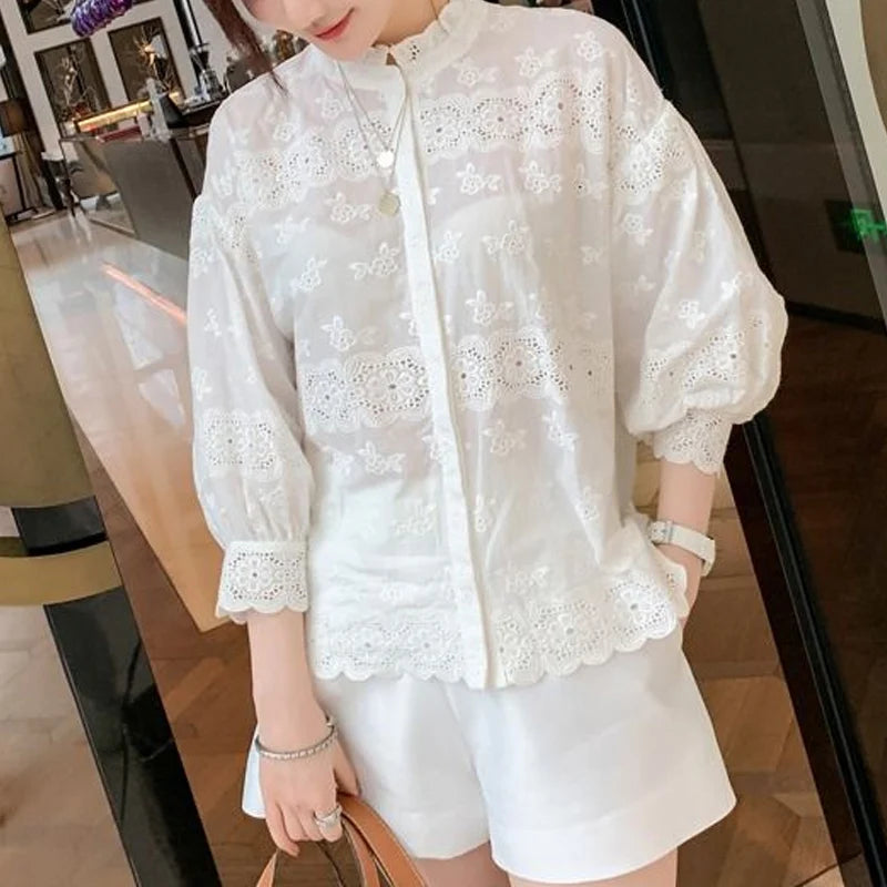 High Quality Round Neck Puff Sleeve Embroidery Single Breasted Cotton Shirt