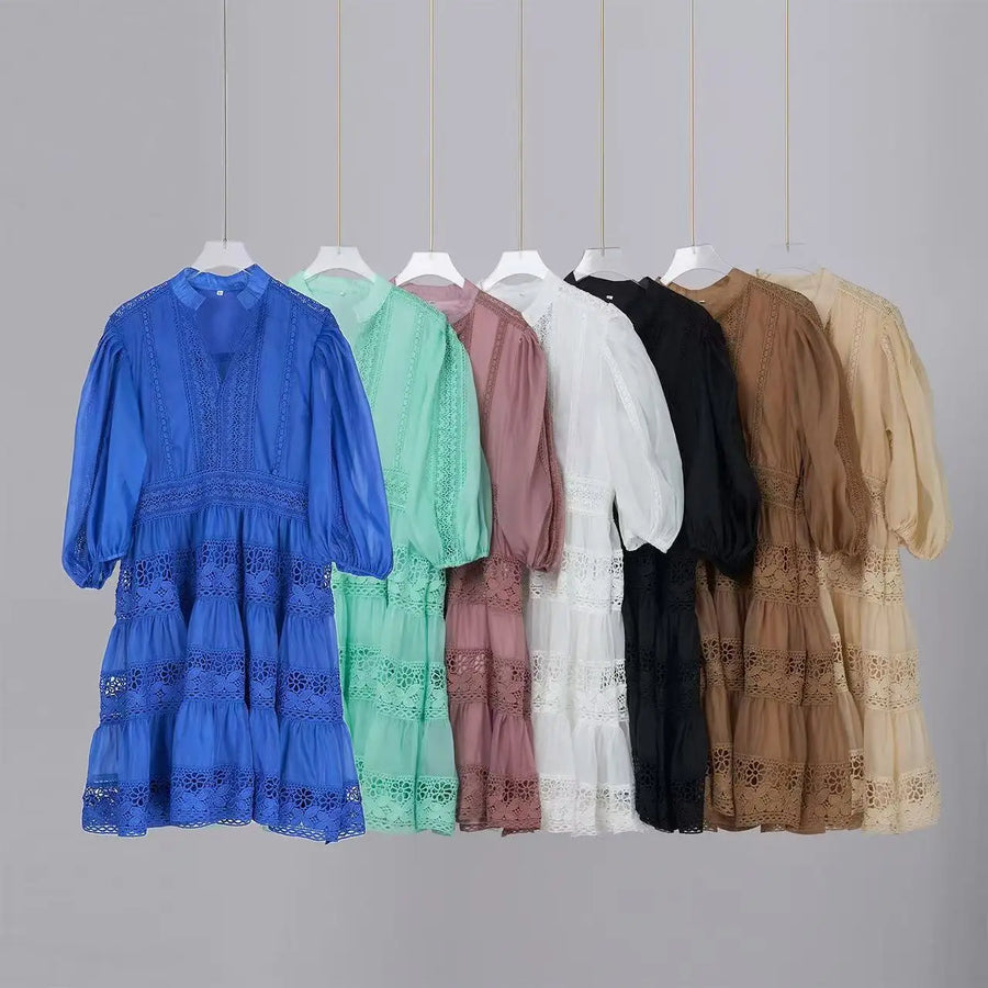 Quality Organza Midi Hollow Out Dresses Women's Half Sleeve Summer Embroidery Lace Evening Party Short Dress Shirt Lady